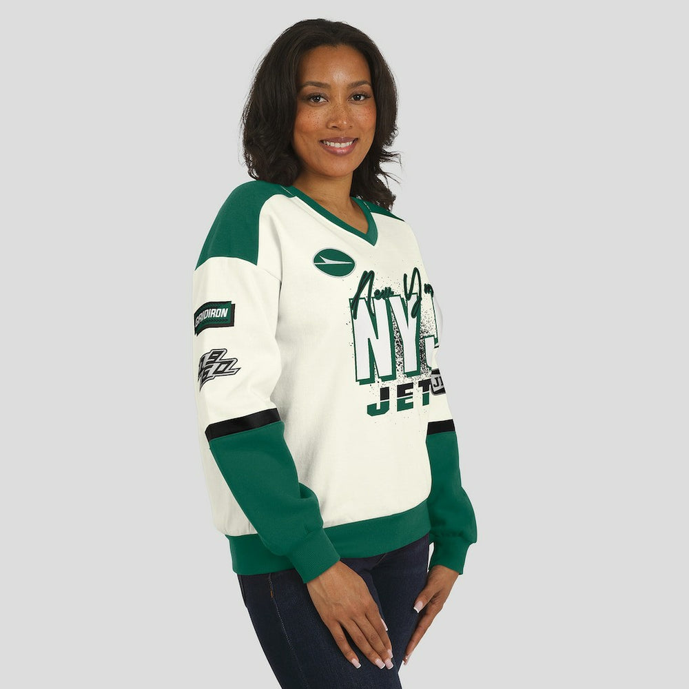 New York Jets WEAR by Erin Andrews Women's Racing Crew V-Neck Sweatshirt - Cream - NFL