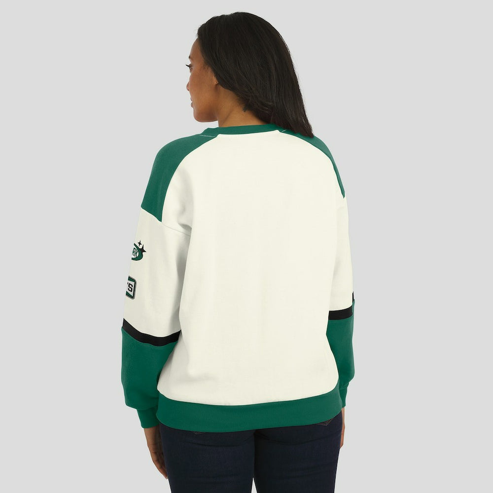 New York Jets WEAR by Erin Andrews Women's Racing Crew V-Neck Sweatshirt - Cream - NFL