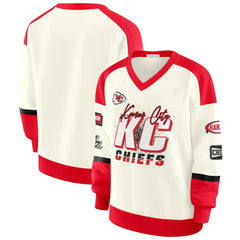 Kansas City Chiefs WEAR by Erin Andrews Women's Racing Crew V-Neck Sweatshirt - Cream - NFL