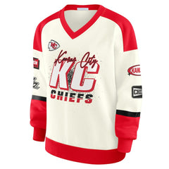 Kansas City Chiefs WEAR by Erin Andrews Women's Racing Crew V-Neck Sweatshirt - Cream - NFL