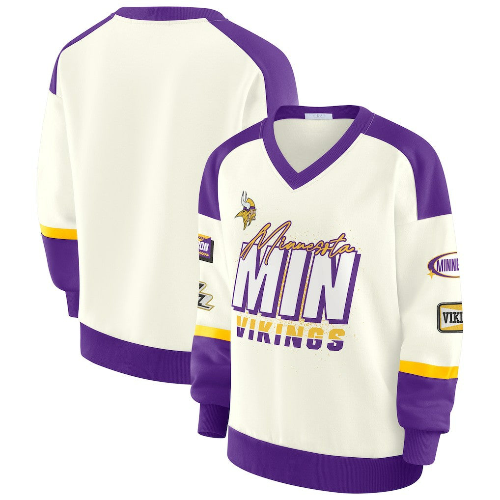 Minnesota Vikings WEAR by Erin Andrews Women's Racing Crew V-Neck Sweatshirt - Cream - NFL