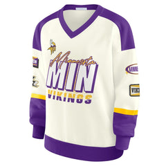 Minnesota Vikings WEAR by Erin Andrews Women's Racing Crew V-Neck Sweatshirt - Cream - NFL