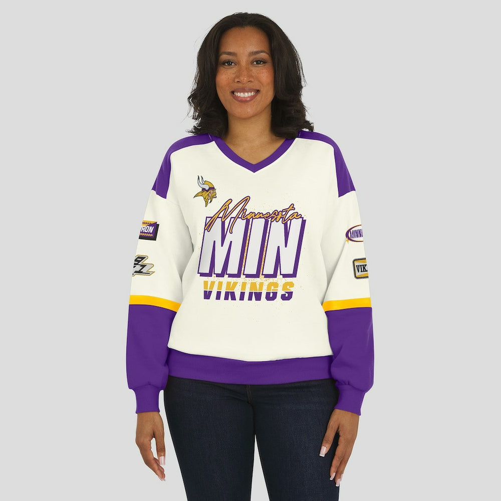 Minnesota Vikings WEAR by Erin Andrews Women's Racing Crew V-Neck Sweatshirt - Cream - NFL