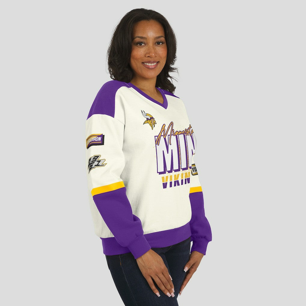 Minnesota Vikings WEAR by Erin Andrews Women's Racing Crew V-Neck Sweatshirt - Cream - NFL