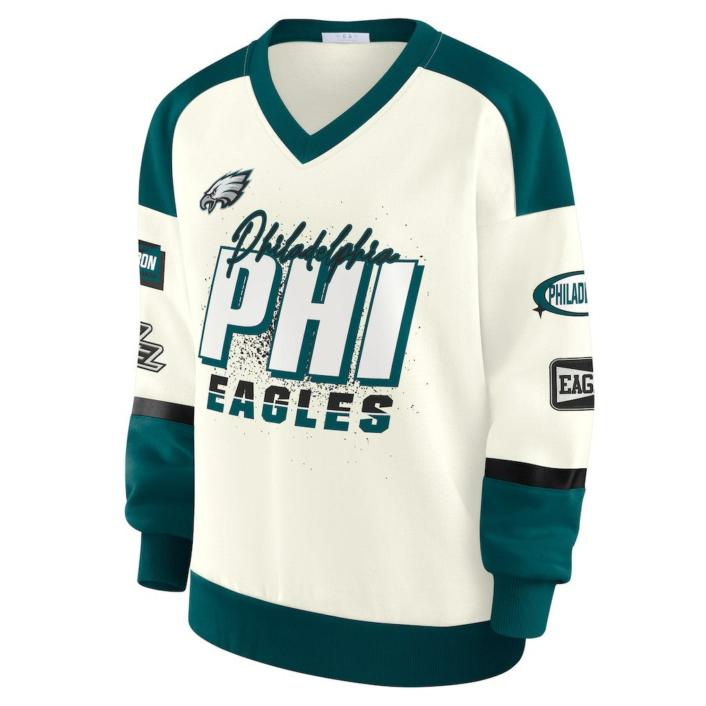 Philadelphia Eagles WEAR by Erin Andrews Women's Racing Crew V-Neck Sweatshirt - Cream - NFL