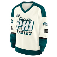 Philadelphia Eagles WEAR by Erin Andrews Women's Racing Crew V-Neck Sweatshirt - Cream - NFL