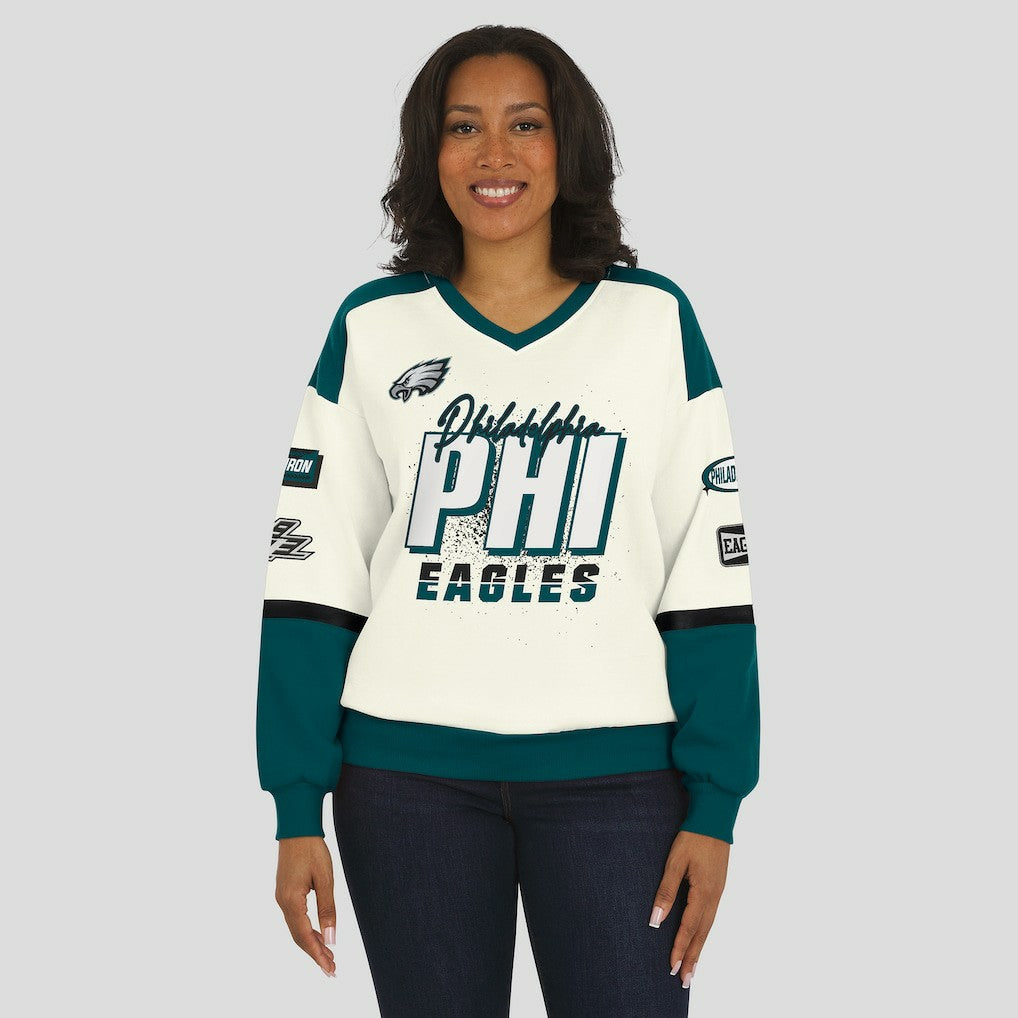 Philadelphia Eagles WEAR by Erin Andrews Women's Racing Crew V-Neck Sweatshirt - Cream - NFL