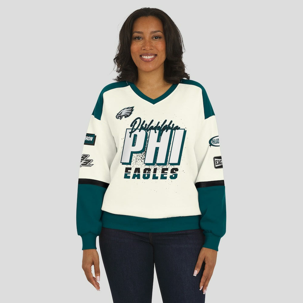 Philadelphia Eagles WEAR by Erin Andrews Women's Racing Crew V-Neck Sweatshirt - Cream - NFL