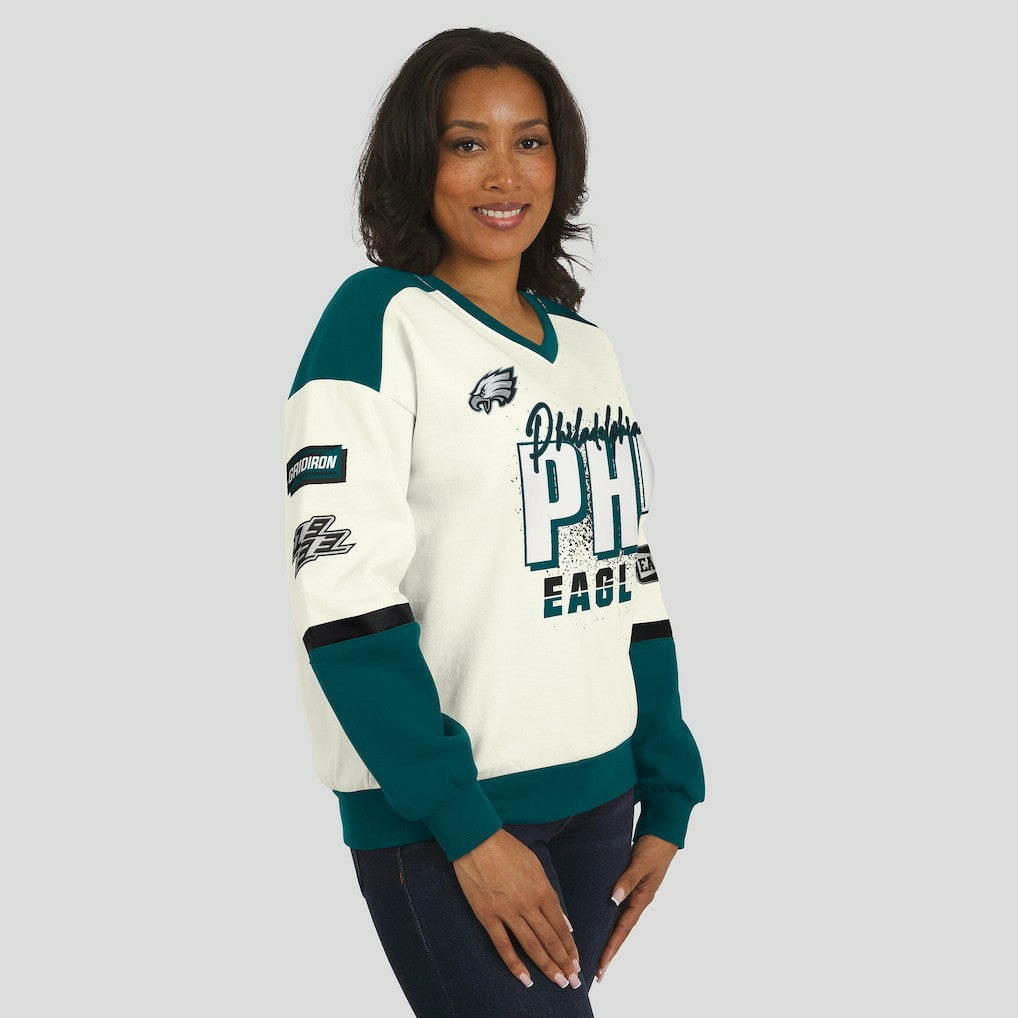 Philadelphia Eagles WEAR by Erin Andrews Women's Racing Crew V-Neck Sweatshirt - Cream - NFL