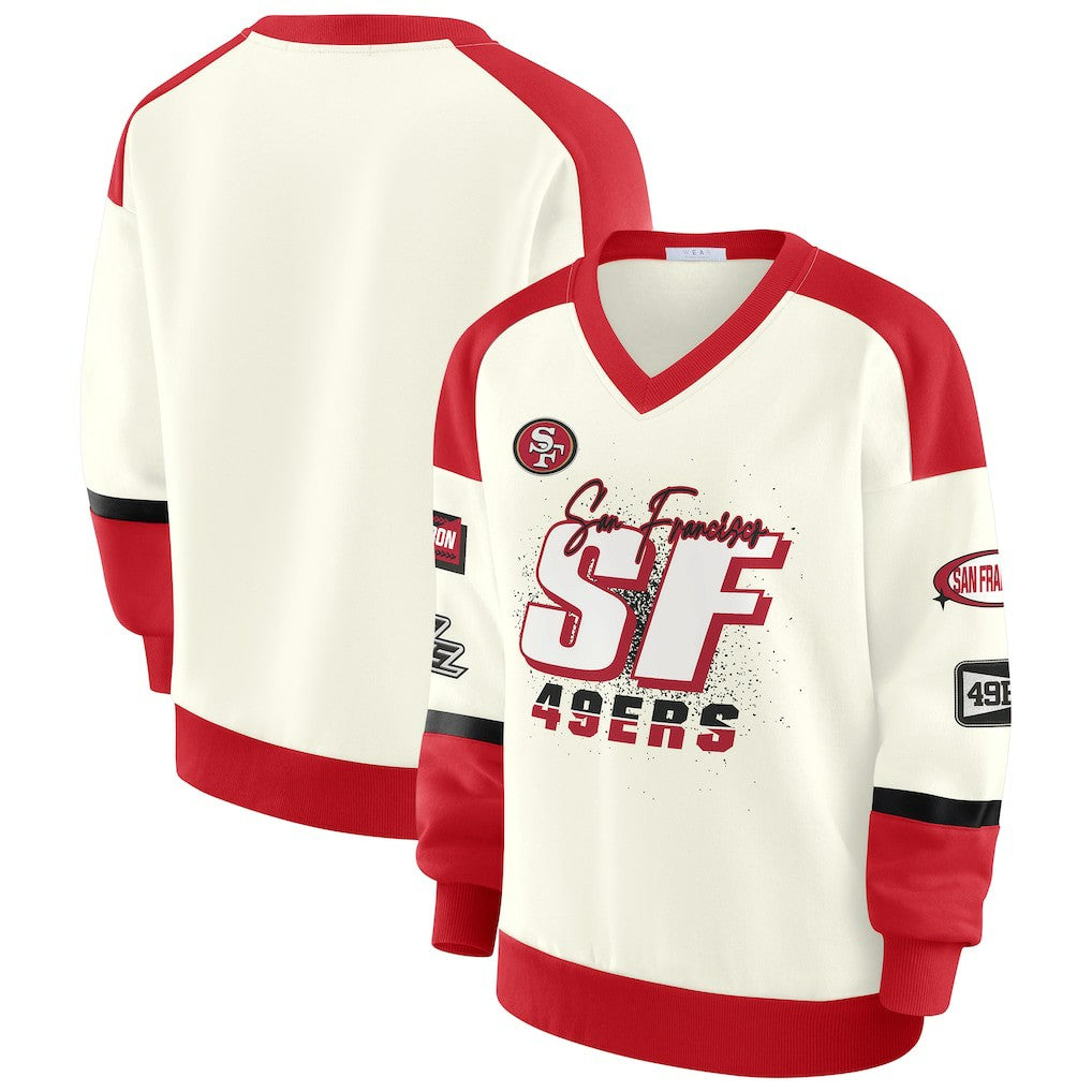 San Francisco 49ers WEAR by Erin Andrews Women's Racing Crew V-Neck Sweatshirt - Cream - NFL