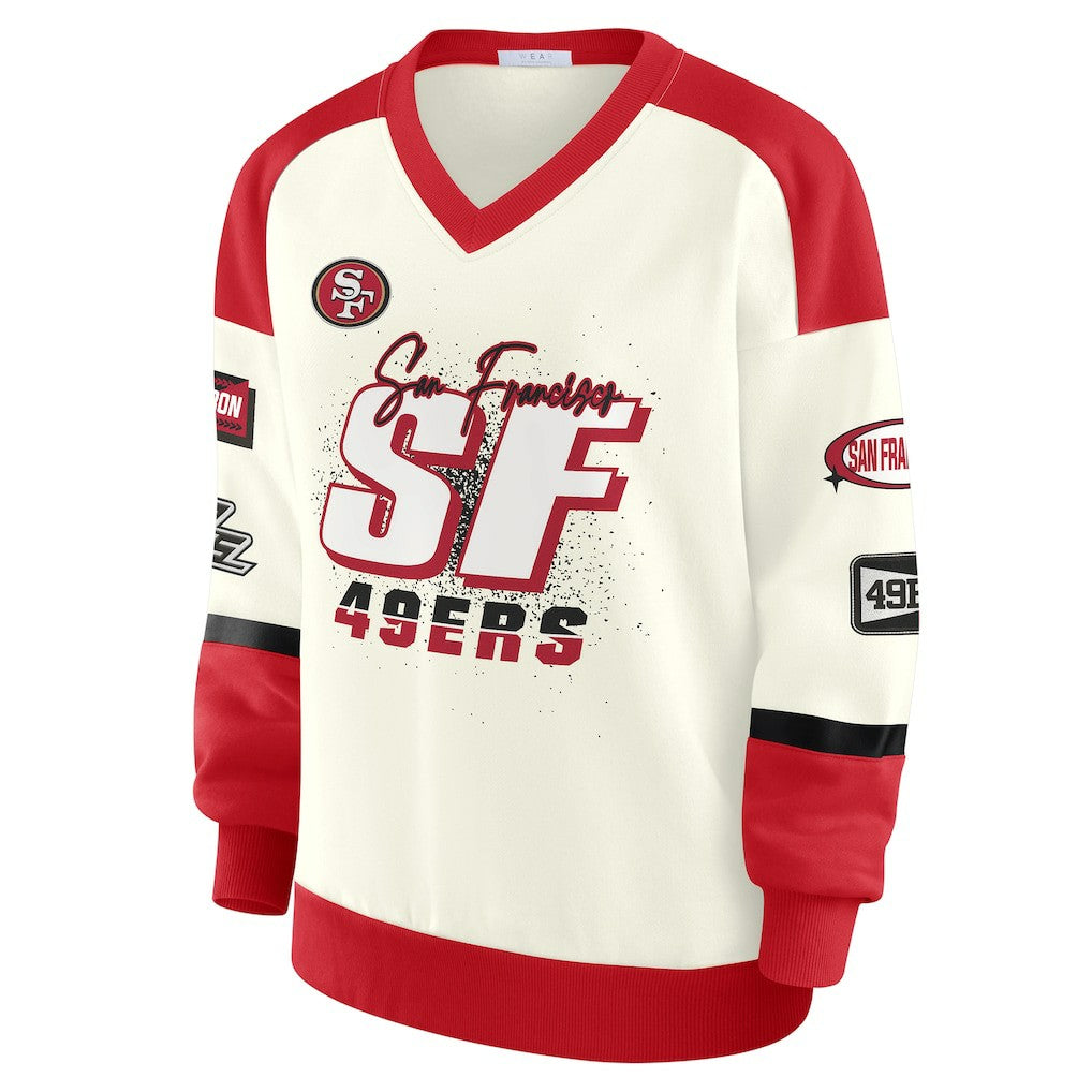 San Francisco 49ers WEAR by Erin Andrews Women's Racing Crew V-Neck Sweatshirt - Cream - NFL