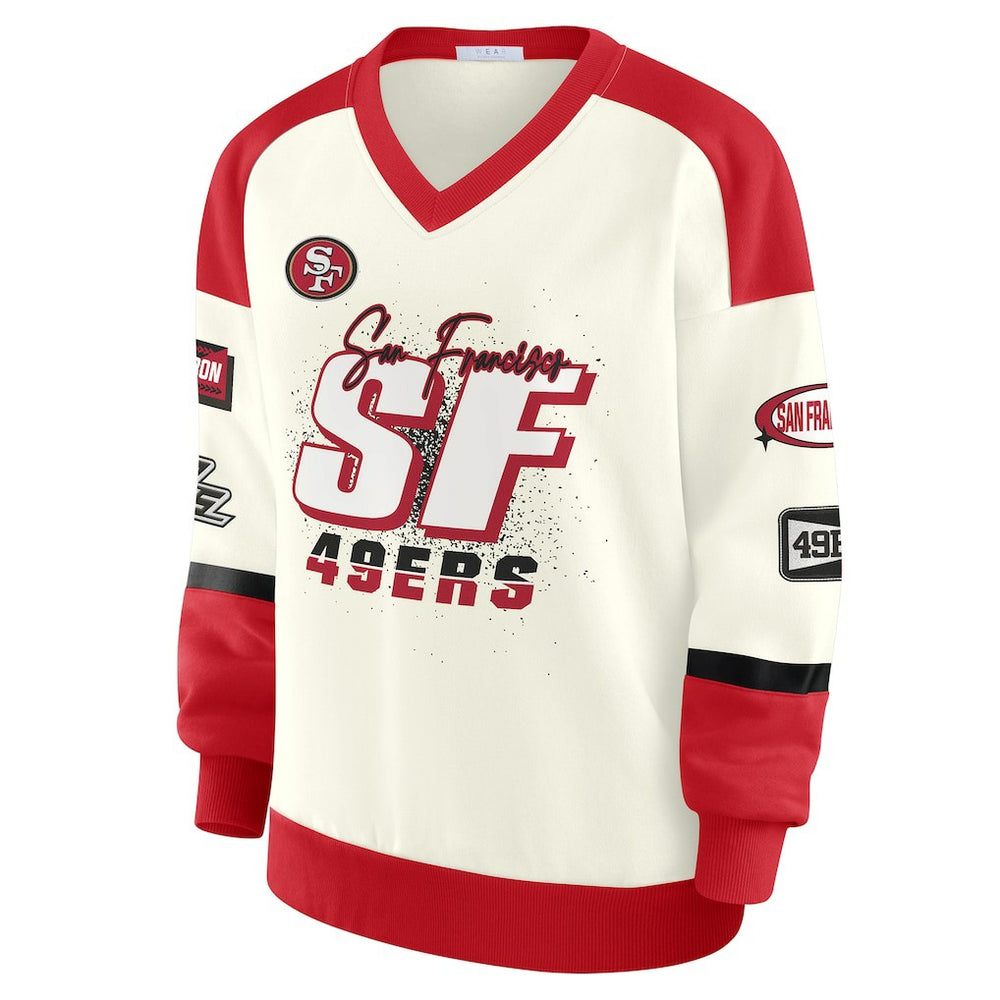 San Francisco 49ers WEAR by Erin Andrews Women's Racing Crew V-Neck Sweatshirt - Cream - NFL