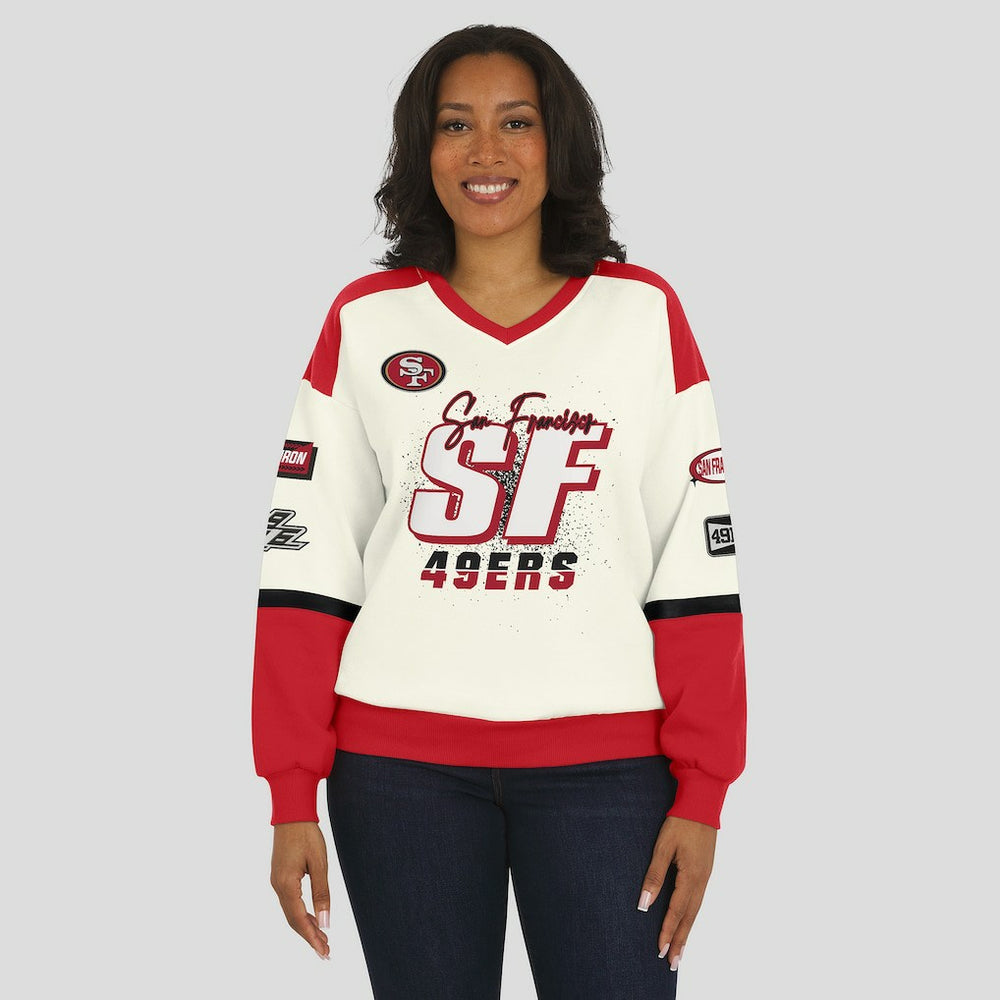 San Francisco 49ers WEAR by Erin Andrews Women's Racing Crew V-Neck Sweatshirt - Cream - NFL