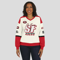 San Francisco 49ers WEAR by Erin Andrews Women's Racing Crew V-Neck Sweatshirt - Cream - NFL