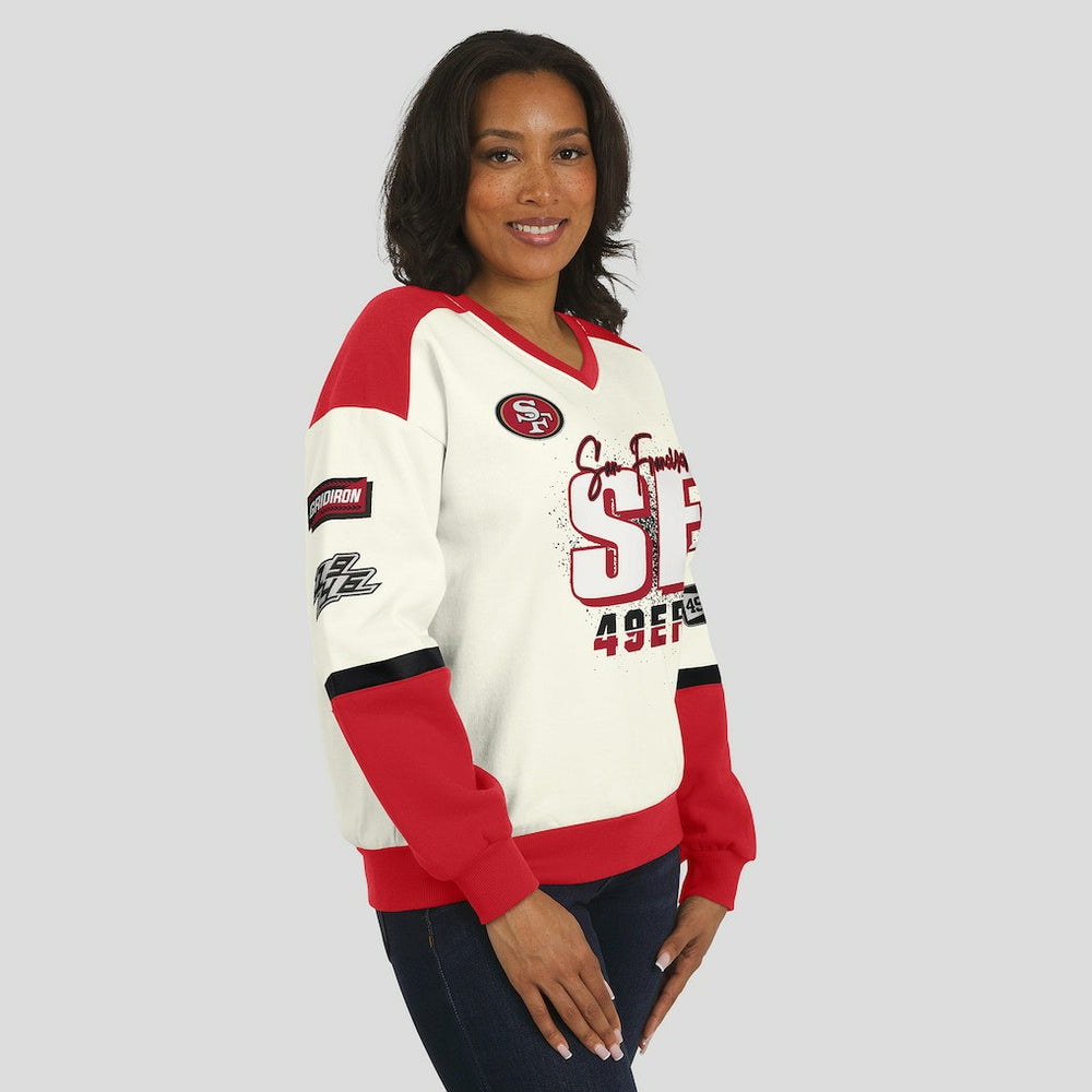 San Francisco 49ers WEAR by Erin Andrews Women's Racing Crew V-Neck Sweatshirt - Cream - NFL