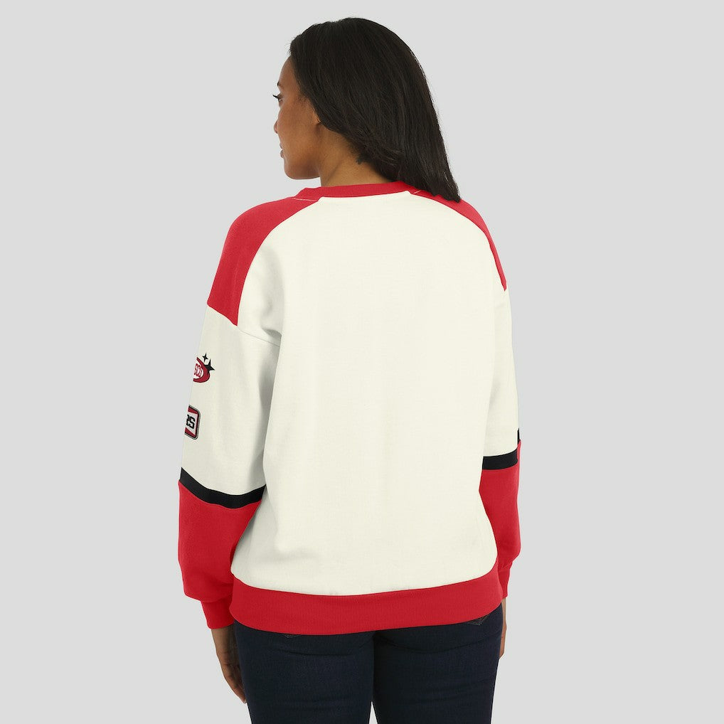 San Francisco 49ers WEAR by Erin Andrews Women's Racing Crew V-Neck Sweatshirt - Cream - NFL