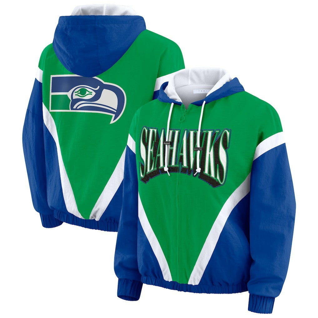 Seattle Seahawks WEAR by Erin Andrews Women's Plus Size Retro Crinkle Full-Zip Hoodie Windbreaker Jacket - Kelly Green/Royal - NFL