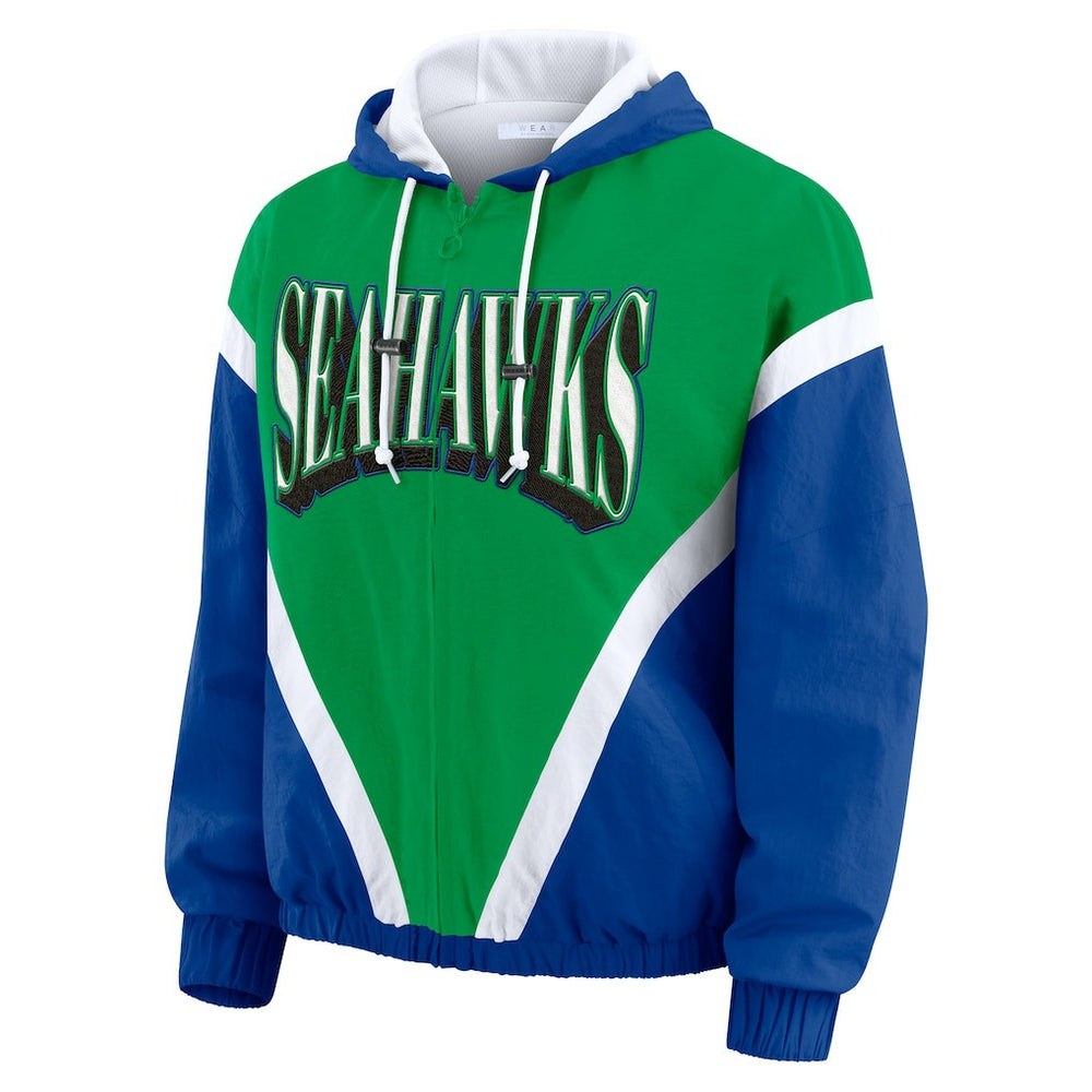 Seattle Seahawks WEAR by Erin Andrews Women's Plus Size Retro Crinkle Full-Zip Hoodie Windbreaker Jacket - Kelly Green/Royal - NFL