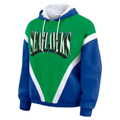 Seattle Seahawks WEAR by Erin Andrews Women's Plus Size Retro Crinkle Full-Zip Hoodie Windbreaker Jacket - Kelly Green/Royal - NFL