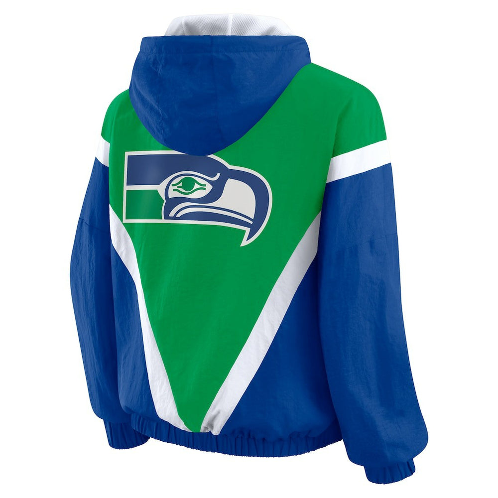 Seattle Seahawks WEAR by Erin Andrews Women's Plus Size Retro Crinkle Full-Zip Hoodie Windbreaker Jacket - Kelly Green/Royal - NFL