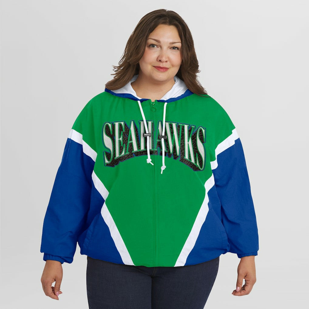 Seattle Seahawks WEAR by Erin Andrews Women's Plus Size Retro Crinkle Full-Zip Hoodie Windbreaker Jacket - Kelly Green/Royal - NFL