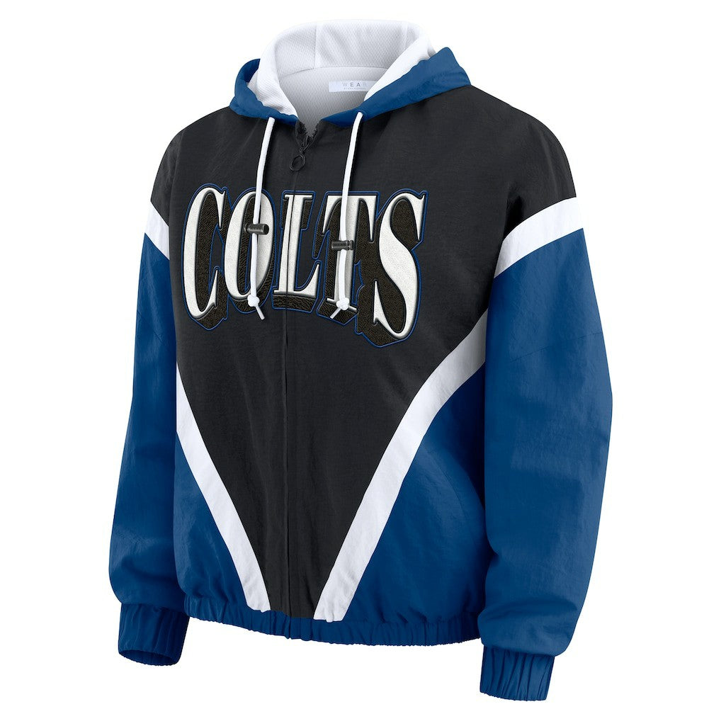 Indianapolis Colts WEAR by Erin Andrews Women's Plus Size Retro Crinkle Full-Zip Hoodie Windbreaker Jacket - Black/Royal - NFL