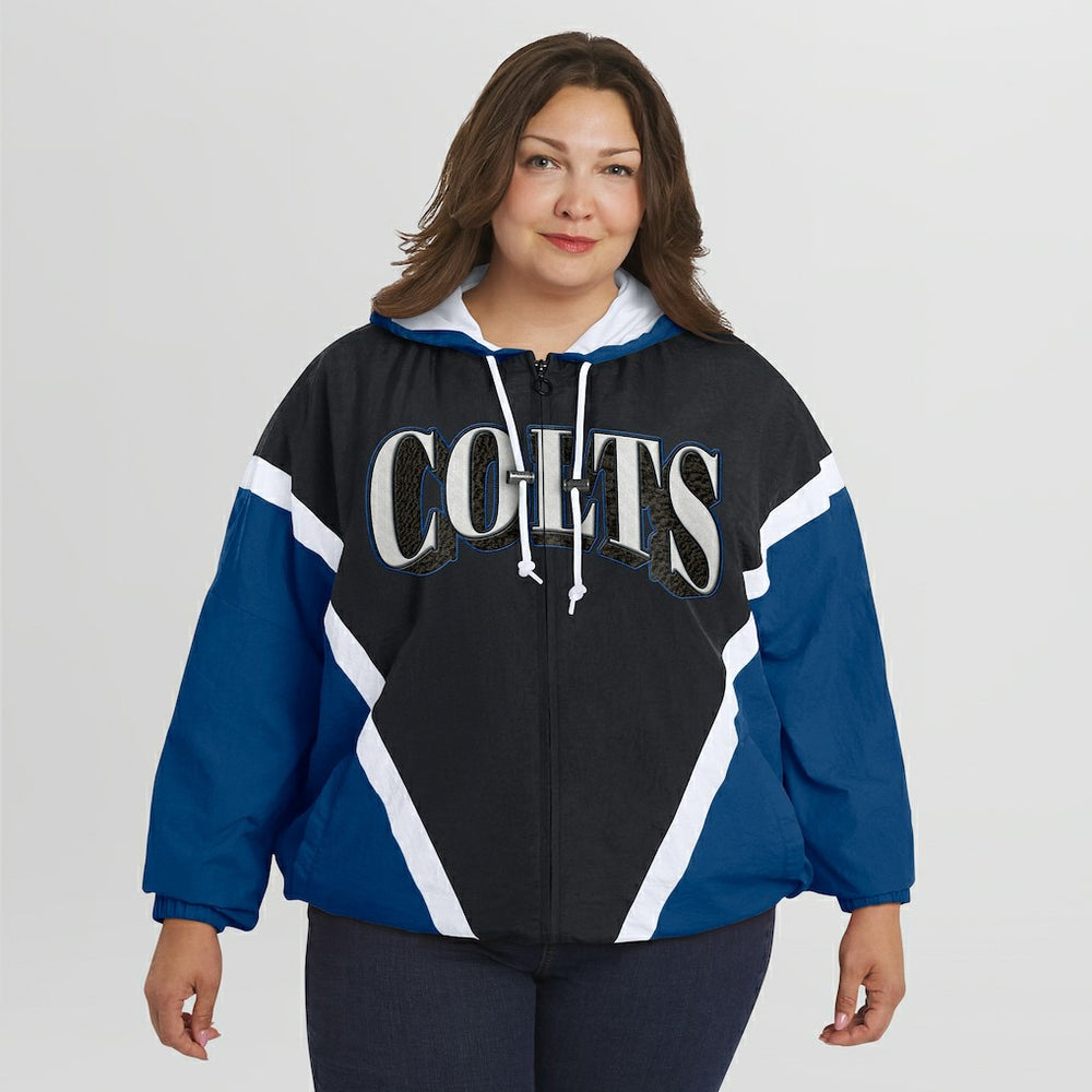 Indianapolis Colts WEAR by Erin Andrews Women's Plus Size Retro Crinkle Full-Zip Hoodie Windbreaker Jacket - Black/Royal - NFL
