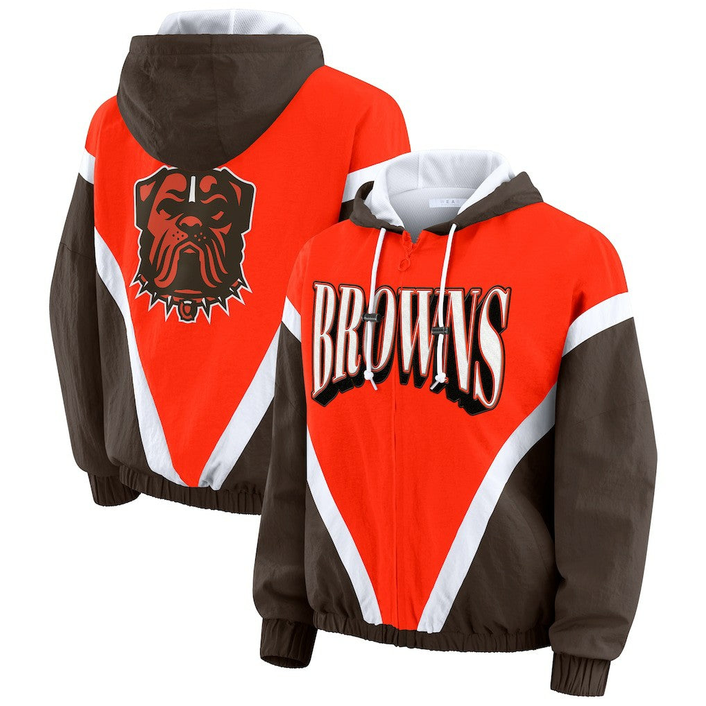 Cleveland Browns WEAR by Erin Andrews Women's Plus Size Retro Crinkle Full-Zip Hoodie Windbreaker Jacket - Orange/Brown - NFL