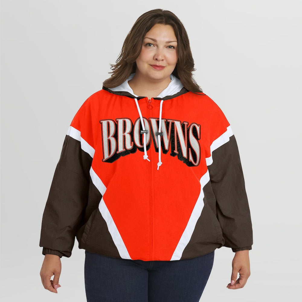 Cleveland Browns WEAR by Erin Andrews Women's Plus Size Retro Crinkle Full-Zip Hoodie Windbreaker Jacket - Orange/Brown - NFL