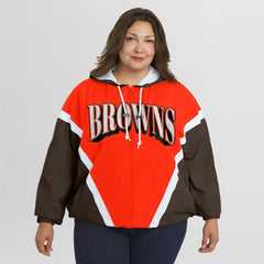 Cleveland Browns WEAR by Erin Andrews Women's Plus Size Retro Crinkle Full-Zip Hoodie Windbreaker Jacket - Orange/Brown - NFL
