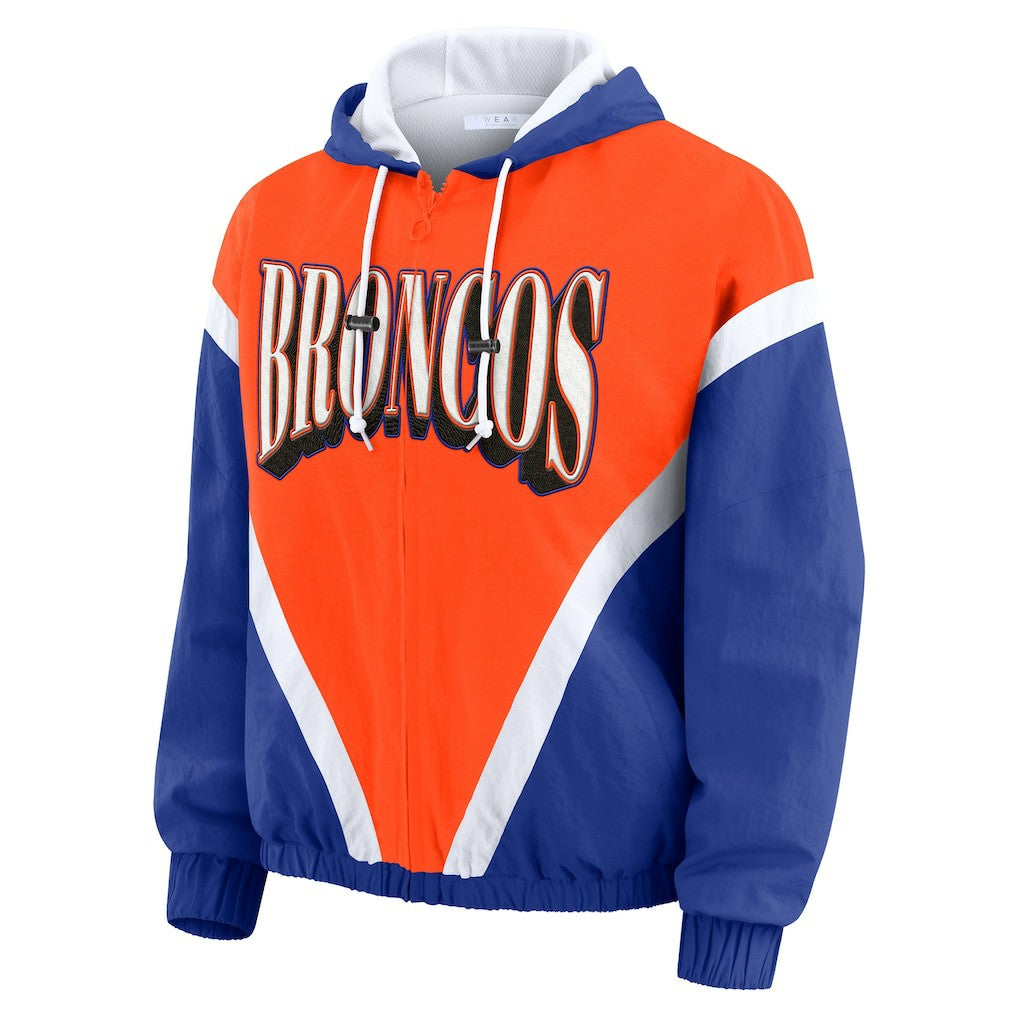 Denver Broncos WEAR by Erin Andrews Women's Plus Size Retro Crinkle Full-Zip Hoodie Windbreaker Jacket - Orange/Royal - NFL
