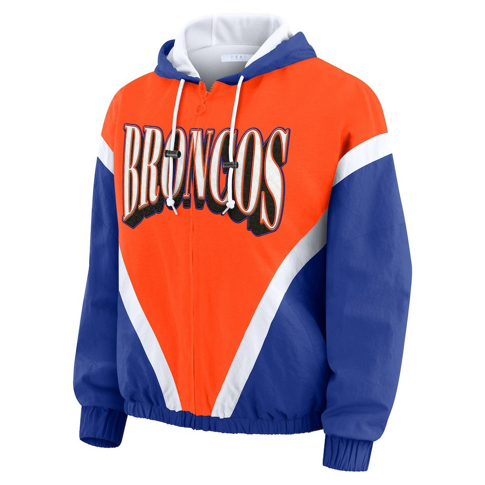 Denver Broncos WEAR by Erin Andrews Women's Plus Size Retro Crinkle Full-Zip Hoodie Windbreaker Jacket - Orange/Royal - NFL