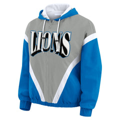 Detroit Lions WEAR by Erin Andrews Women's Plus Size Retro Crinkle Full-Zip Hoodie Windbreaker Jacket - Blue/Gray - NFL