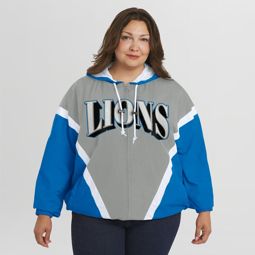 Detroit Lions WEAR by Erin Andrews Women's Plus Size Retro Crinkle Full-Zip Hoodie Windbreaker Jacket - Blue/Gray - NFL
