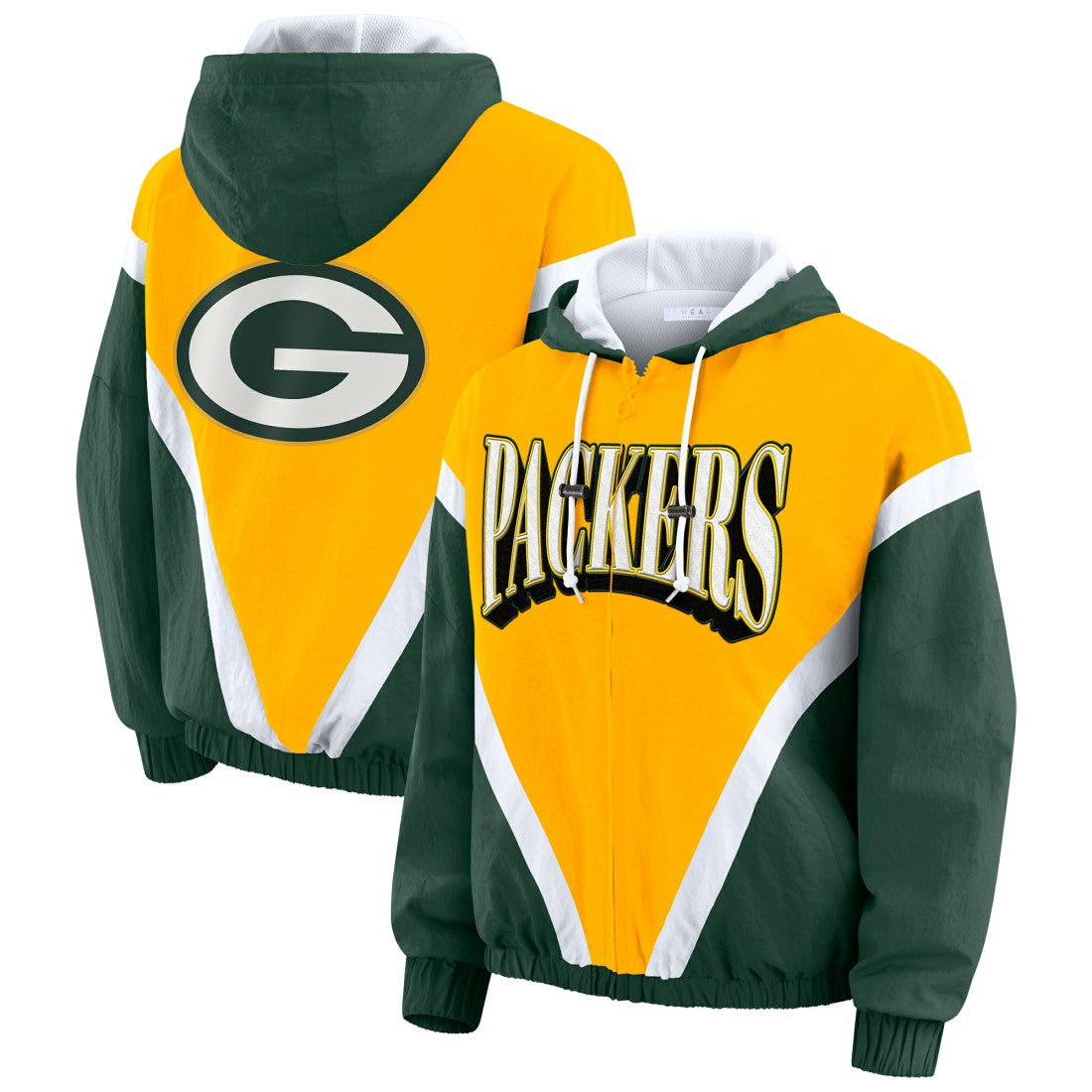 Green Bay Packers WEAR by Erin Andrews Women's Plus Size Retro Crinkle Full-Zip Hoodie Windbreaker Jacket - Gold/Green - NFL