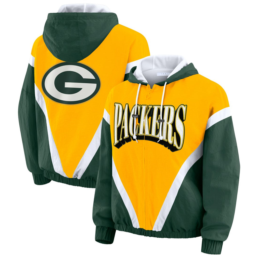 Green Bay Packers WEAR by Erin Andrews Women's Plus Size Retro Crinkle Full-Zip Hoodie Windbreaker Jacket - Gold/Green - NFL