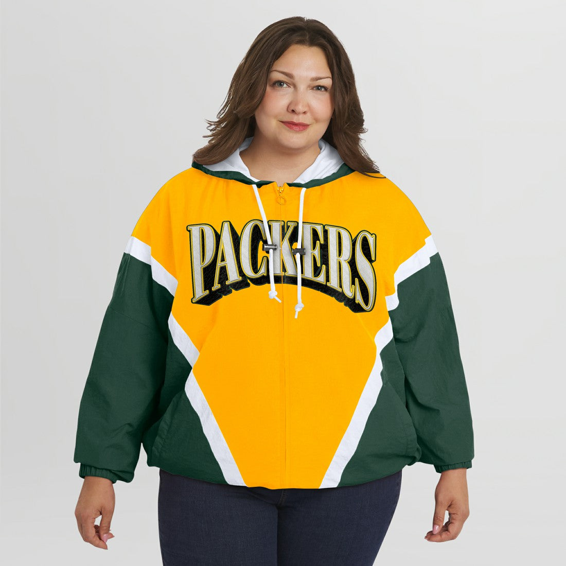Green Bay Packers WEAR by Erin Andrews Women's Plus Size Retro Crinkle Full-Zip Hoodie Windbreaker Jacket - Gold/Green - NFL