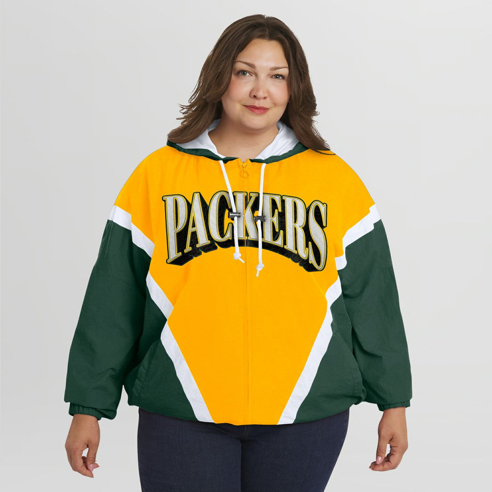 Green Bay Packers WEAR by Erin Andrews Women's Plus Size Retro Crinkle Full-Zip Hoodie Windbreaker Jacket - Gold/Green - NFL