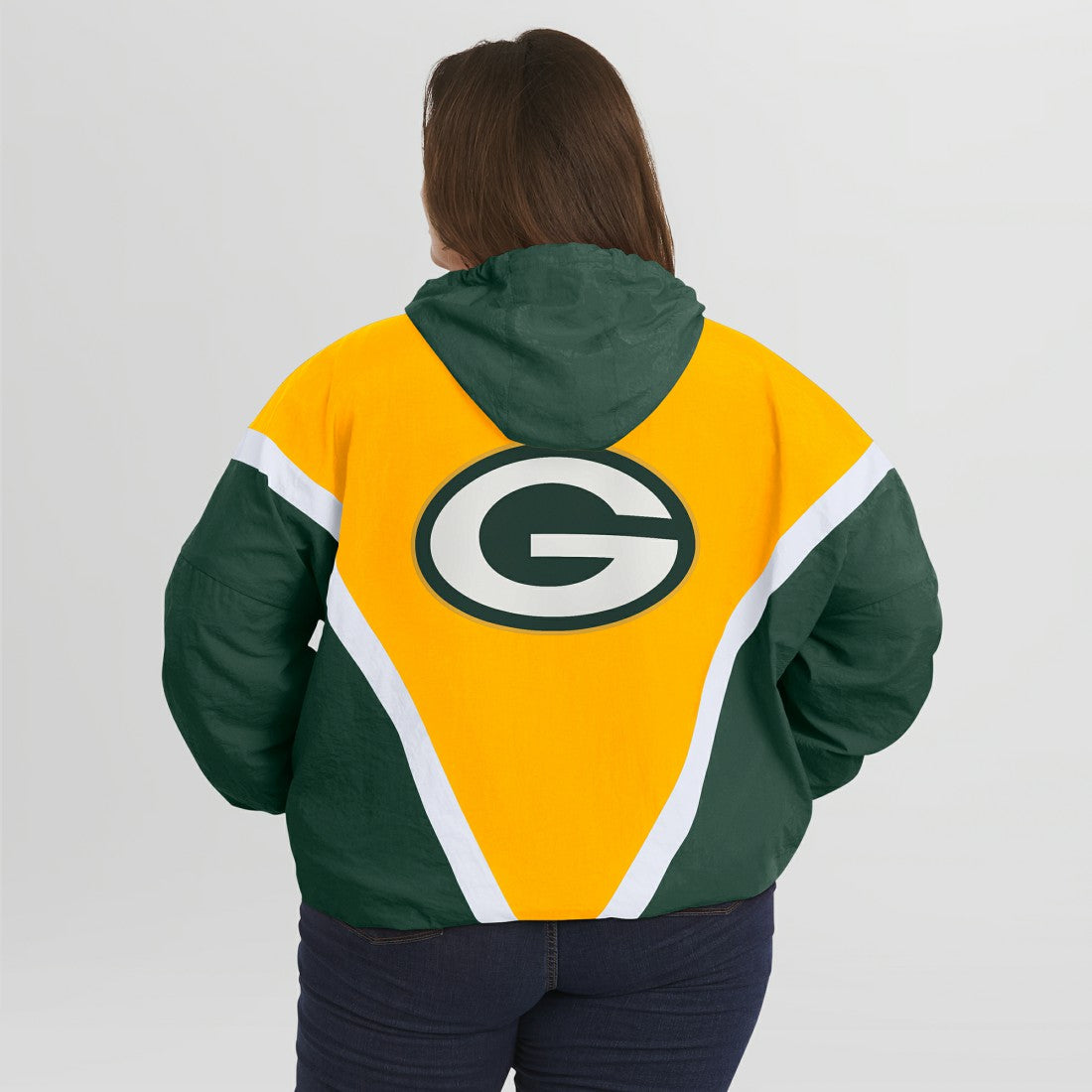 Green Bay Packers WEAR by Erin Andrews Women's Plus Size Retro Crinkle Full-Zip Hoodie Windbreaker Jacket - Gold/Green - NFL
