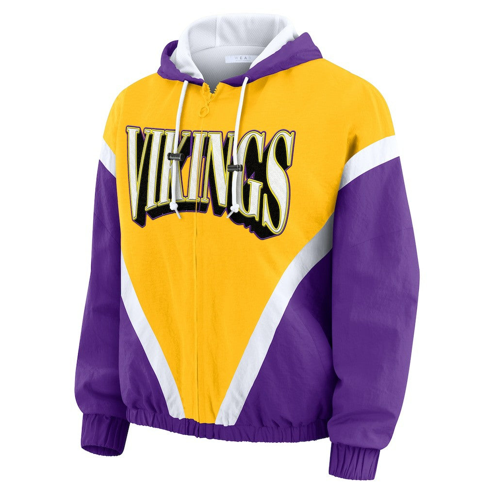 Minnesota Vikings WEAR by Erin Andrews Women's Plus Size Retro Crinkle Full-Zip Hoodie Windbreaker Jacket - Gold/Purple - NFL
