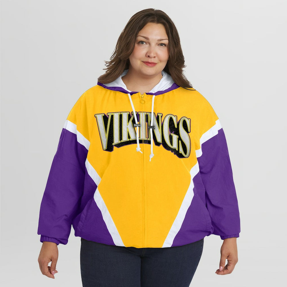 Minnesota Vikings WEAR by Erin Andrews Women's Plus Size Retro Crinkle Full-Zip Hoodie Windbreaker Jacket - Gold/Purple - NFL