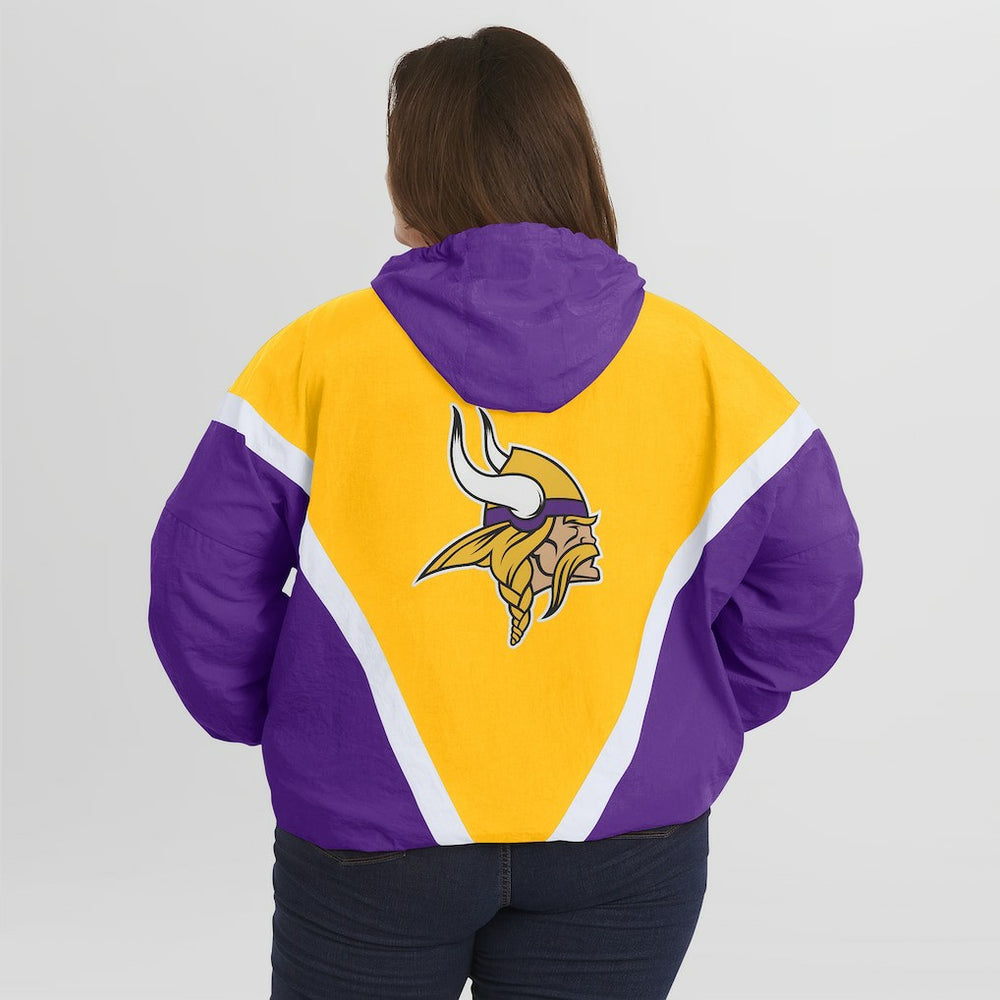 Minnesota Vikings WEAR by Erin Andrews Women's Plus Size Retro Crinkle Full-Zip Hoodie Windbreaker Jacket - Gold/Purple - NFL