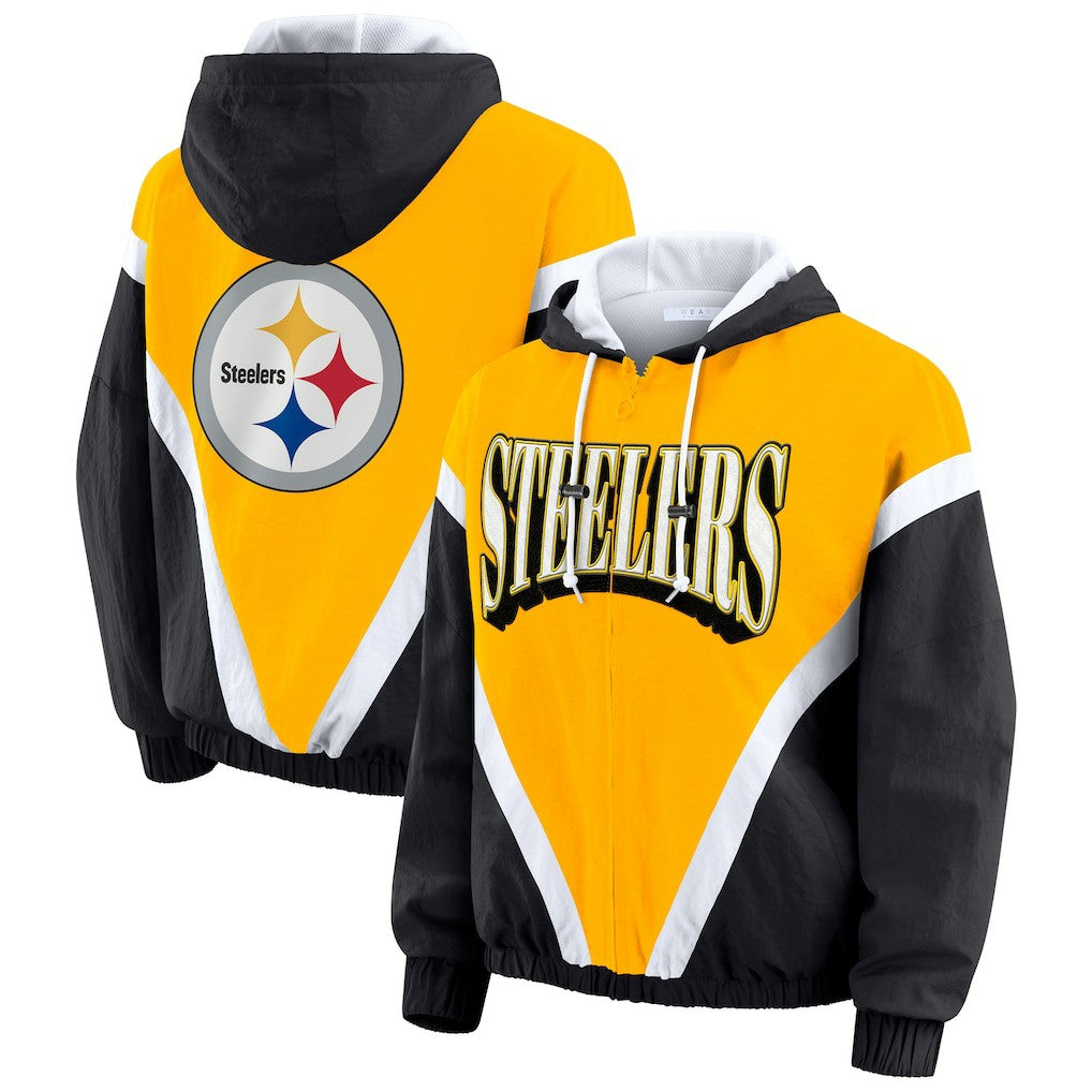 Pittsburgh Steelers WEAR by Erin Andrews Women's Plus Size Retro Crinkle Full-Zip Hoodie Windbreaker Jacket - Gold/Black - NFL