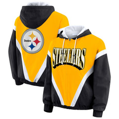 Pittsburgh Steelers WEAR by Erin Andrews Women's Plus Size Retro Crinkle Full-Zip Hoodie Windbreaker Jacket - Gold/Black - NFL
