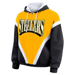 Pittsburgh Steelers WEAR by Erin Andrews Women's Plus Size Retro Crinkle Full-Zip Hoodie Windbreaker Jacket - Gold/Black - NFL