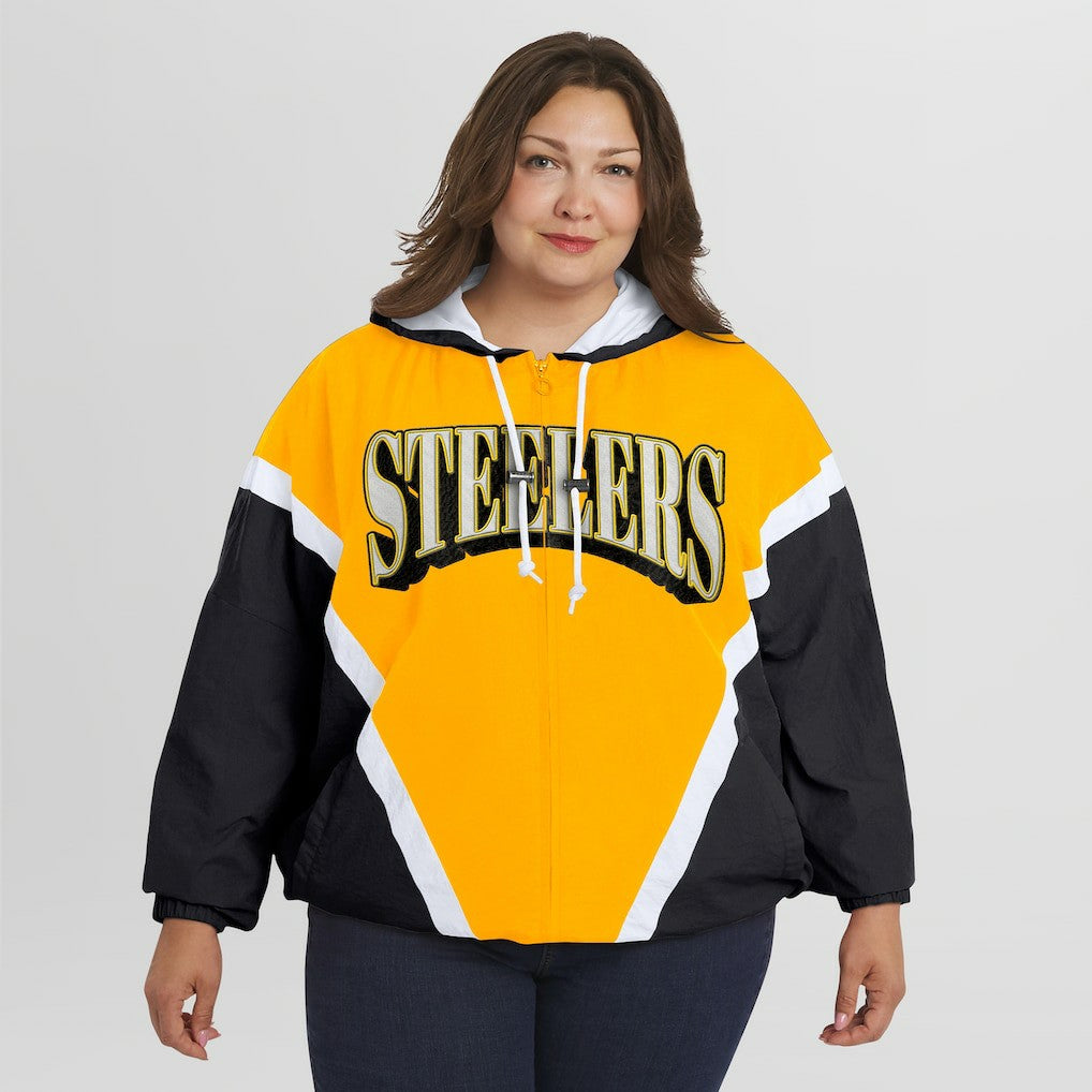 Pittsburgh Steelers WEAR by Erin Andrews Women's Plus Size Retro Crinkle Full-Zip Hoodie Windbreaker Jacket - Gold/Black - NFL