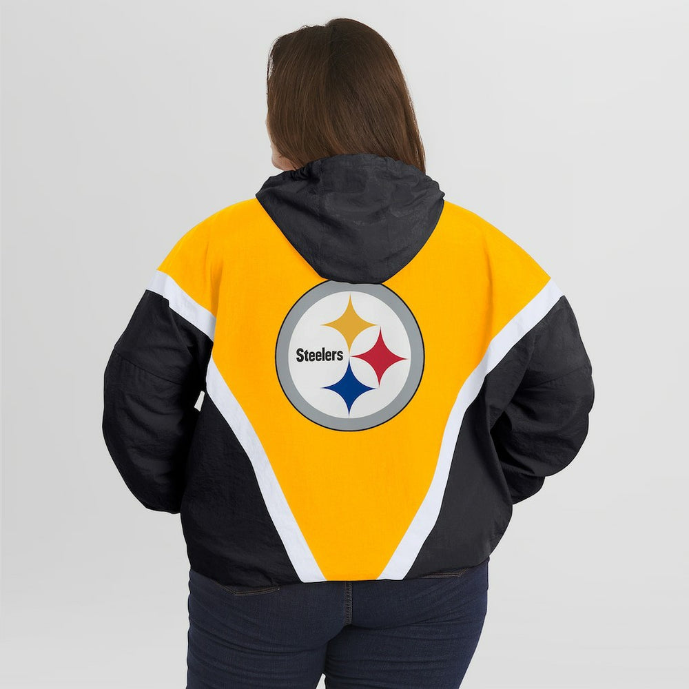 Pittsburgh Steelers WEAR by Erin Andrews Women's Plus Size Retro Crinkle Full-Zip Hoodie Windbreaker Jacket - Gold/Black - NFL