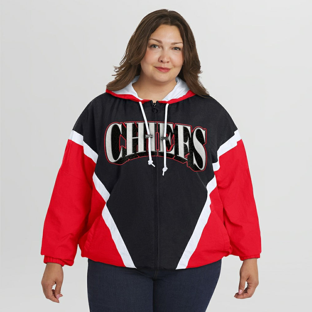 Kansas City Chiefs WEAR by Erin Andrews Women's Plus Size Retro Crinkle Full-Zip Hoodie Windbreaker Jacket - Red/Black - NFL