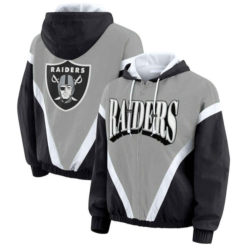 Las Vegas Raiders WEAR by Erin Andrews Women's Plus Size Retro Crinkle Full-Zip Hoodie Windbreaker Jacket - Black/Gray - NFL