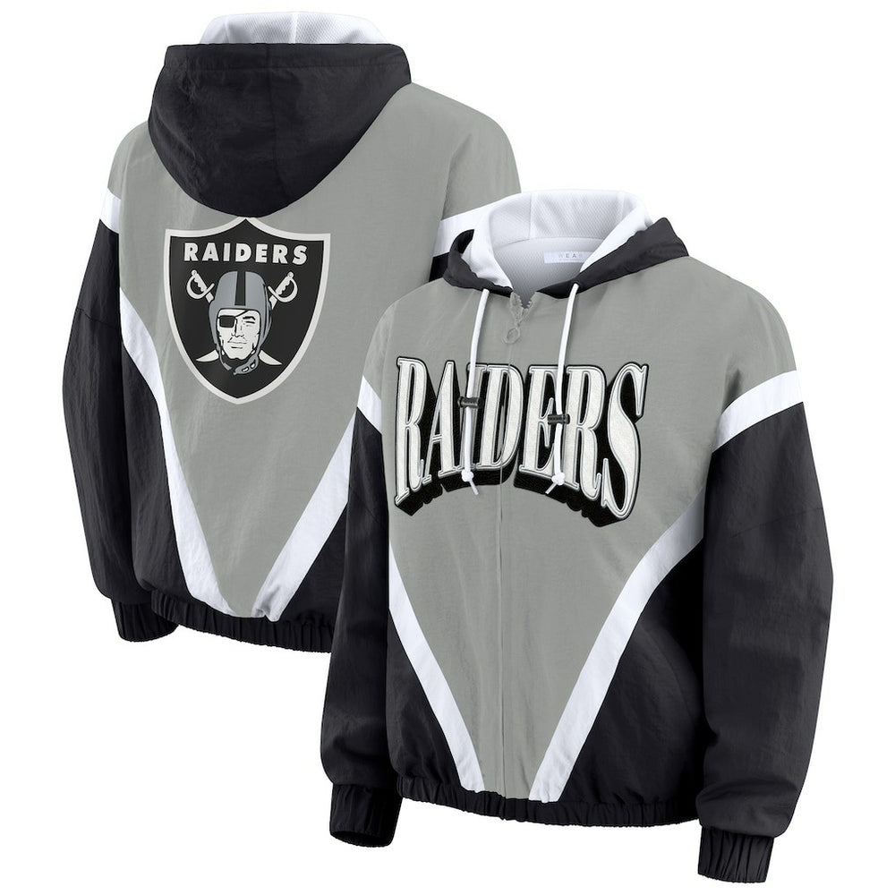 Las Vegas Raiders WEAR by Erin Andrews Women's Plus Size Retro Crinkle Full-Zip Hoodie Windbreaker Jacket - Black/Gray - NFL